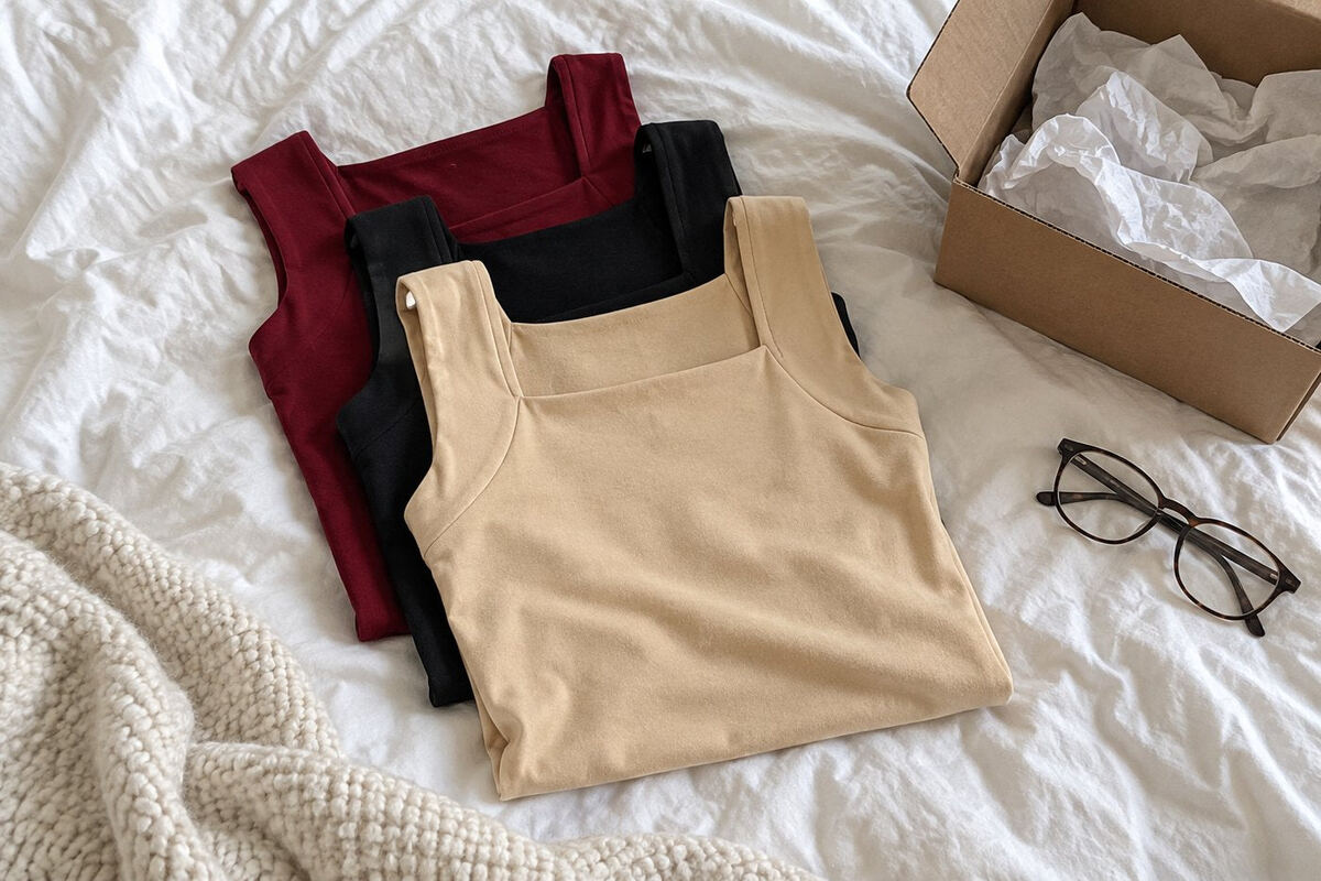 Three colors of the tank: nude, black, and burgundy.