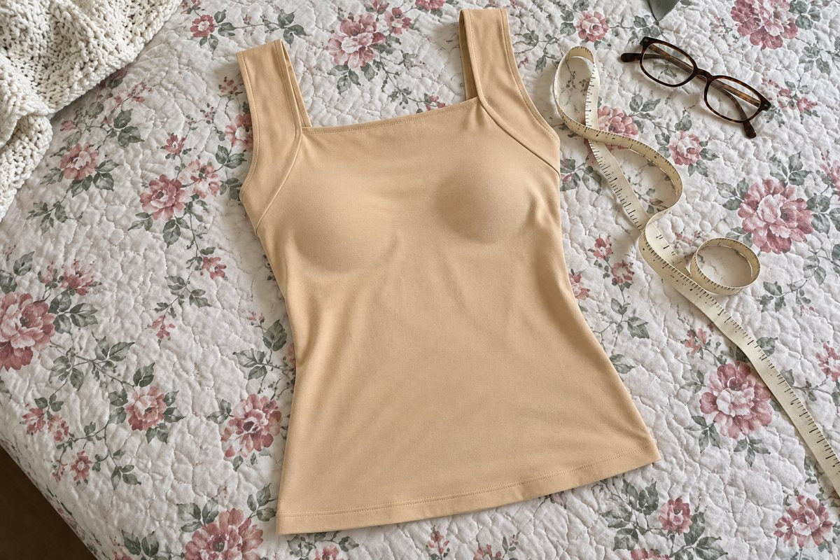 Flat lay of the beige built-in bra comfort tank.